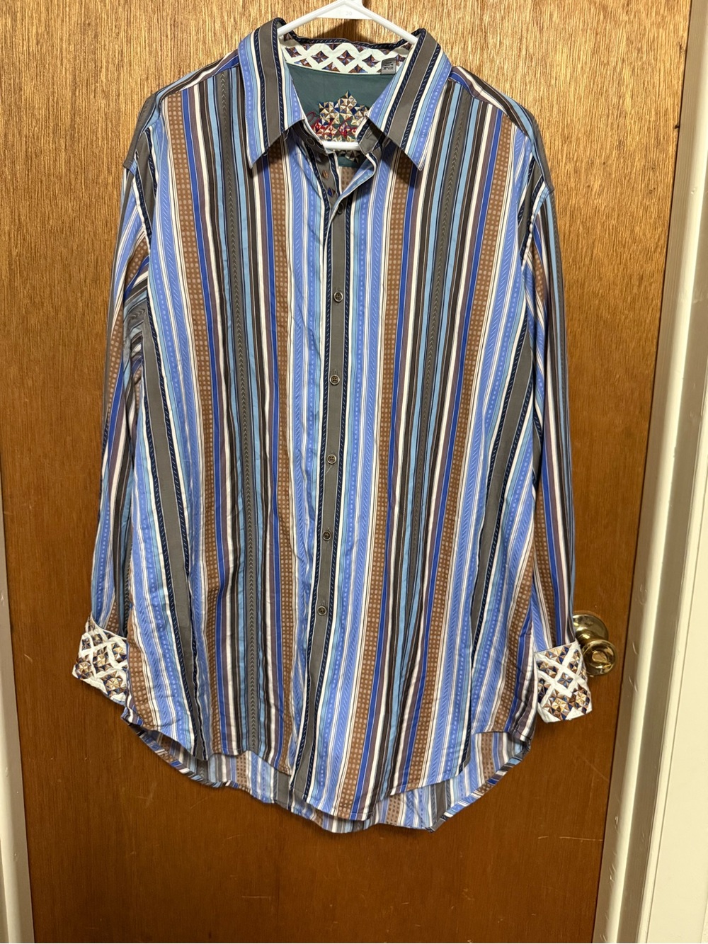 Men's Robert Graham Striped Button-Down Shirt in Blue and Brown Cotton and Silk